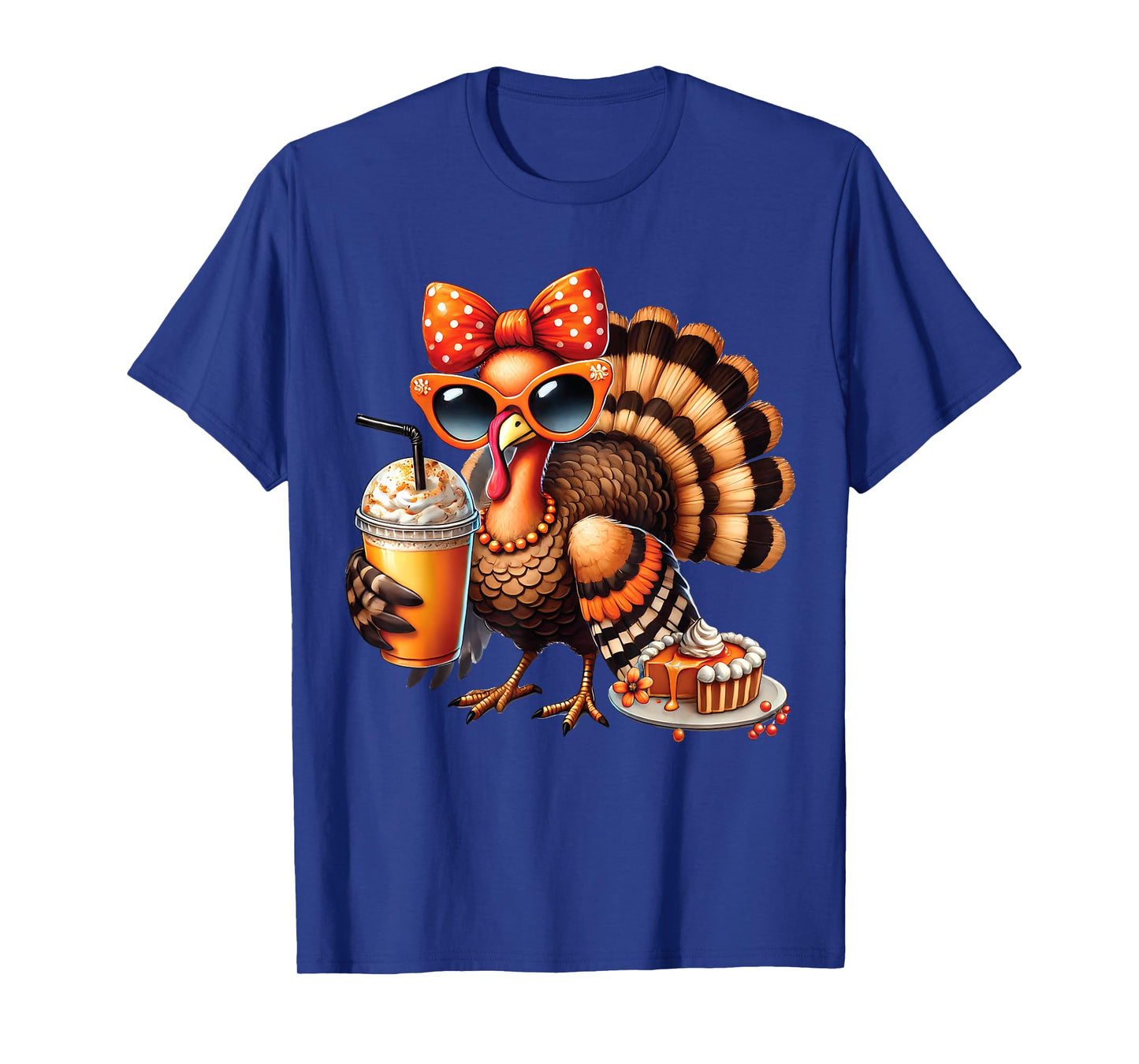 Turkey Drinking Coffee Bow Thanksgiving Womens Turkey Day T-Shirt