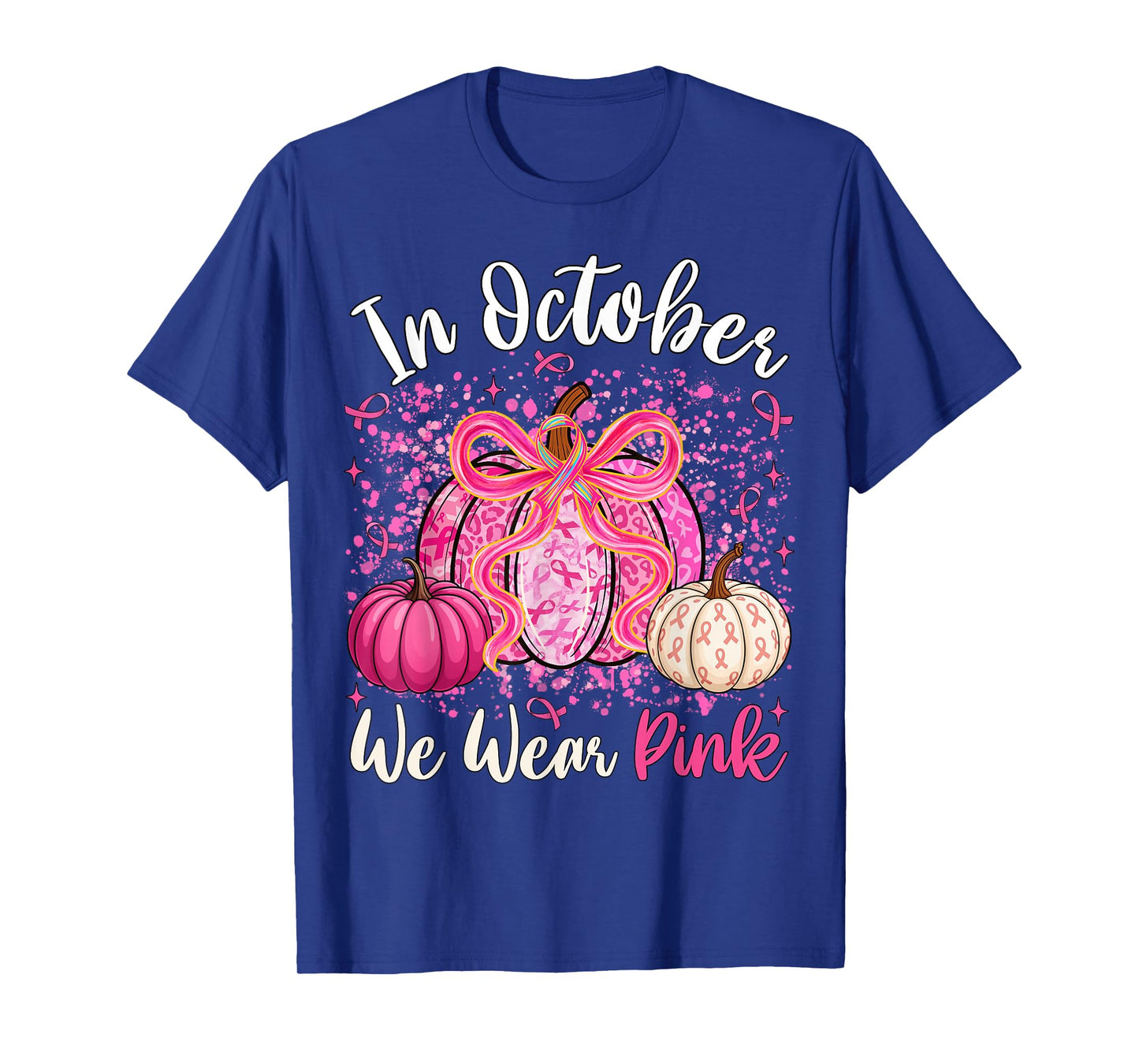 in October We Wear Pink Pumpkin Coquette Bow Breast Cancer T-Shirt
