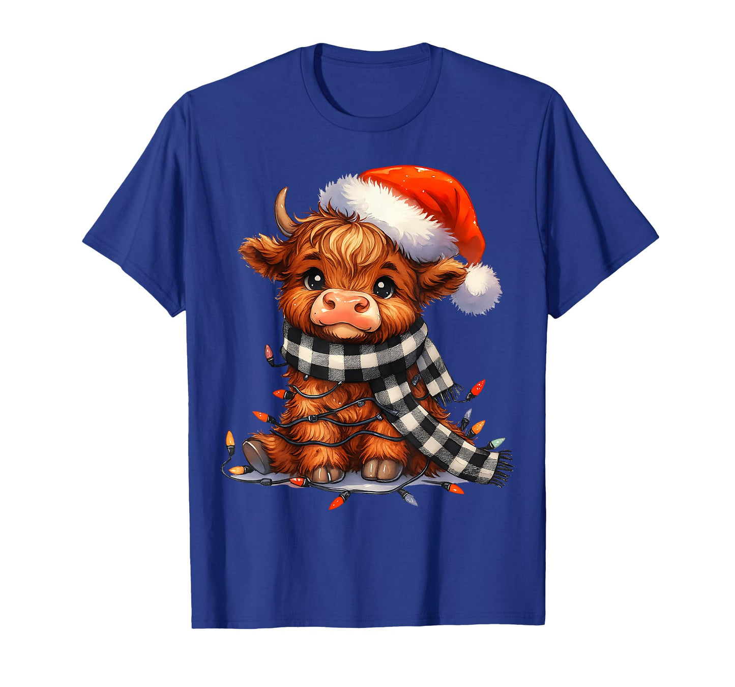 Cute Christmas Highland Cow Santa Hat Lights T-Shirt