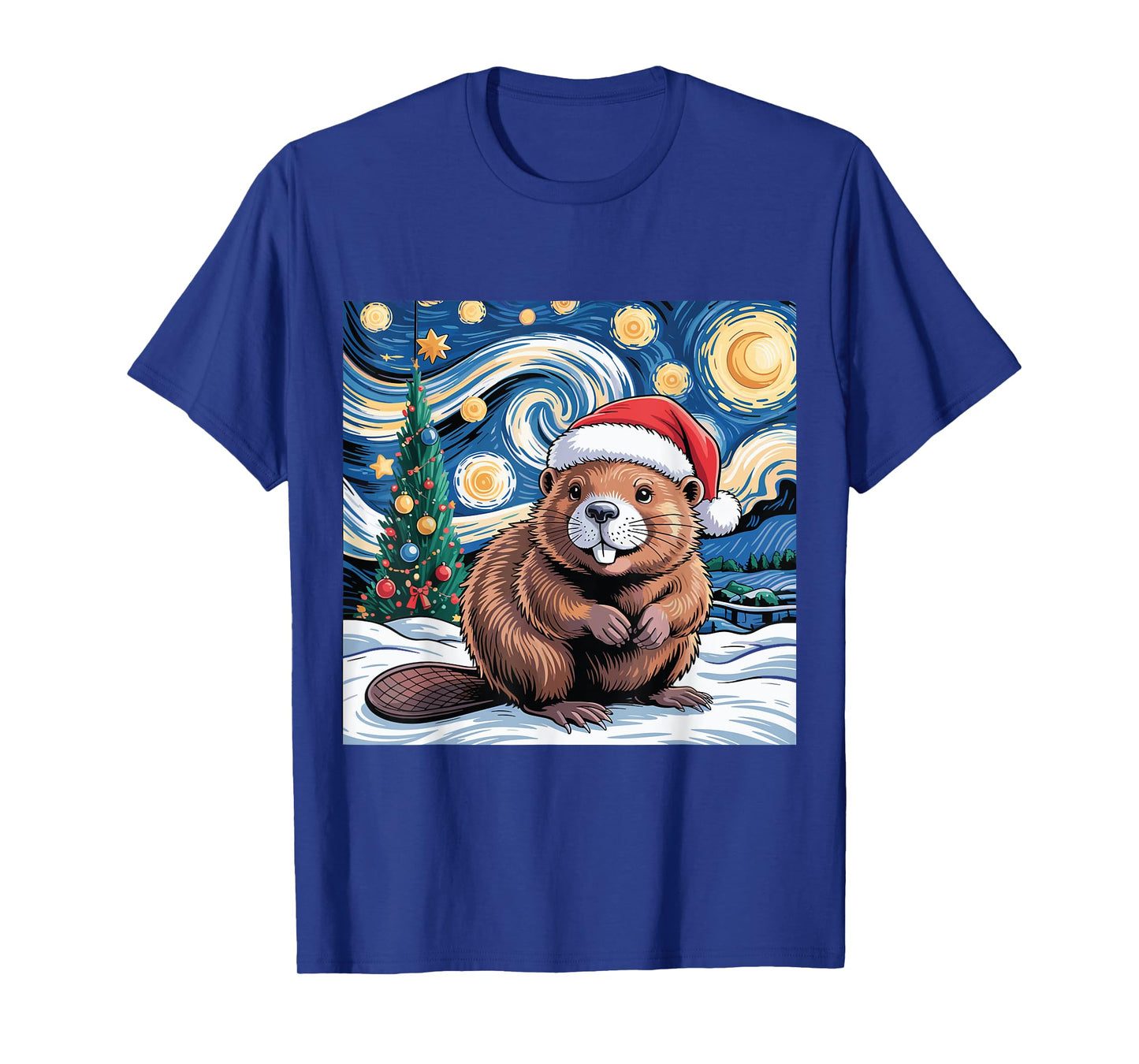 Christmas Beaver Santa Hat Starry Night Winter Tree Holiday T-Shirt