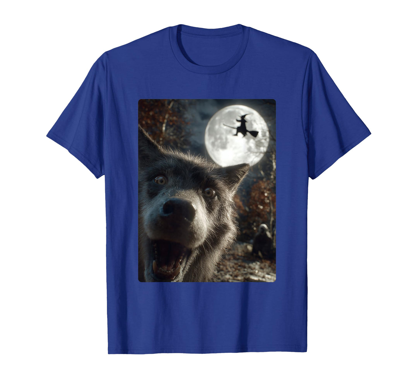 Funny Wolf Selfie Full Moon Flying Witch Forest Halloween T-Shirt