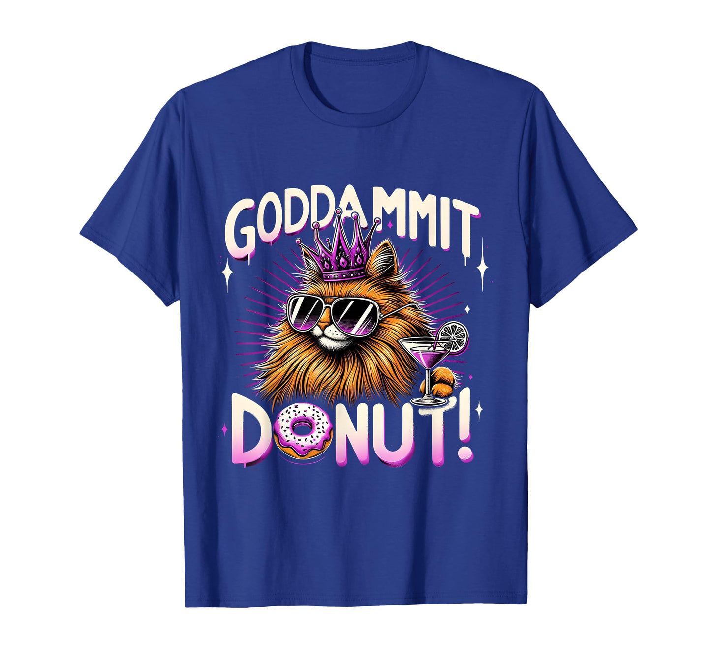 Funny Cool Cat Crown Donut Drink Retro Graphic Design T-Shirt