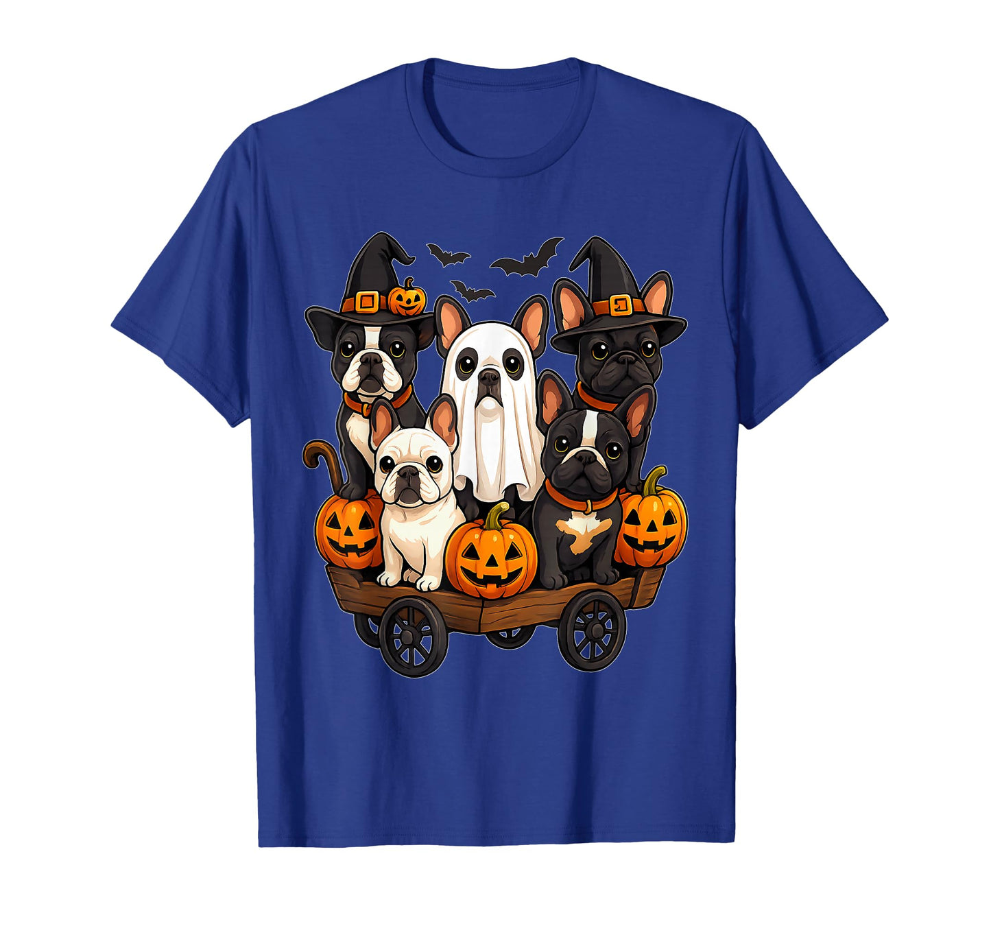 Halloween Bulldog Dogs Ghost Witch Pumpkins Wooden Wagon T-Shirt