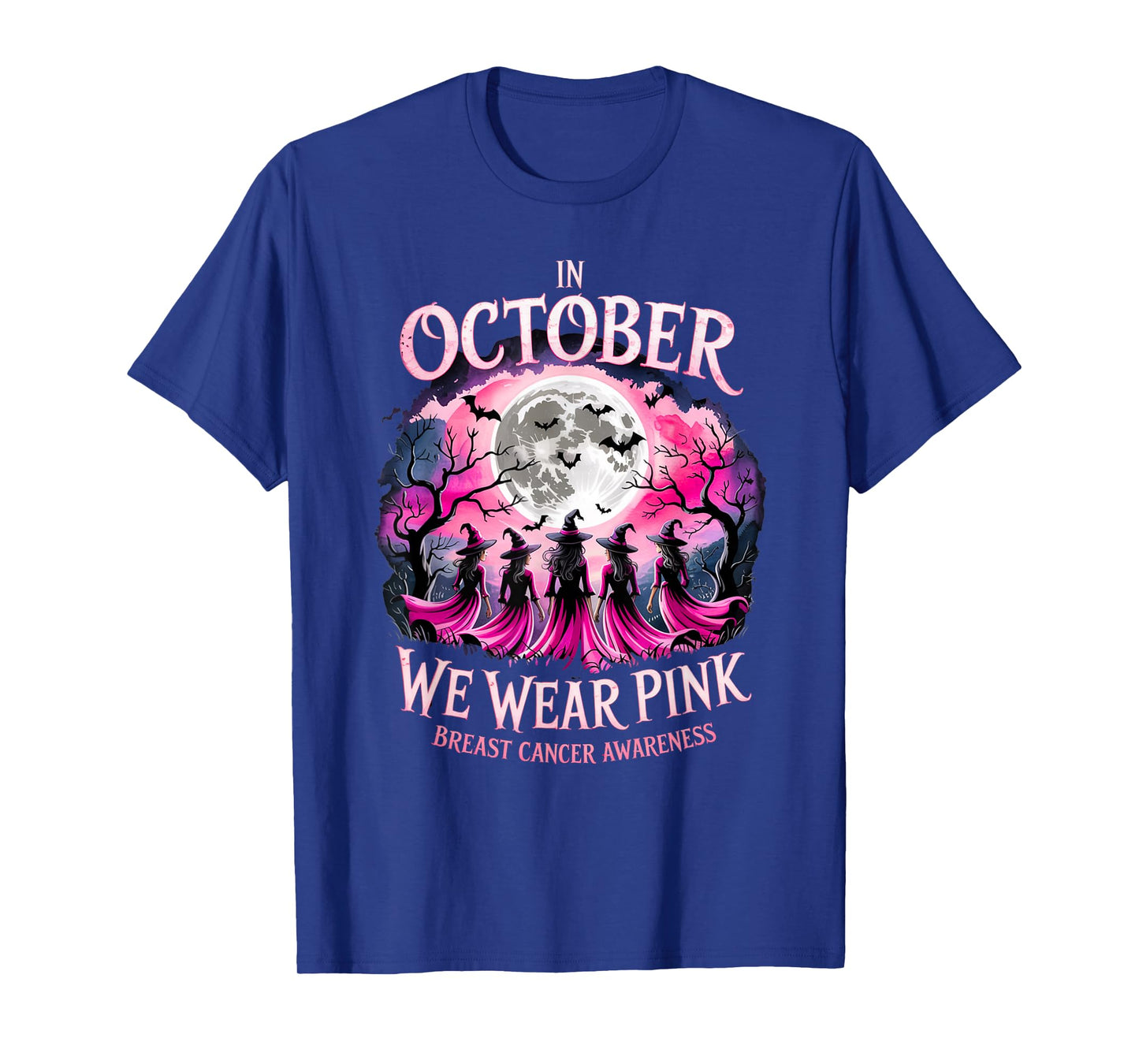 in October We Wear Pink Retro Witch Breast Cancer Awareness T-Shirt