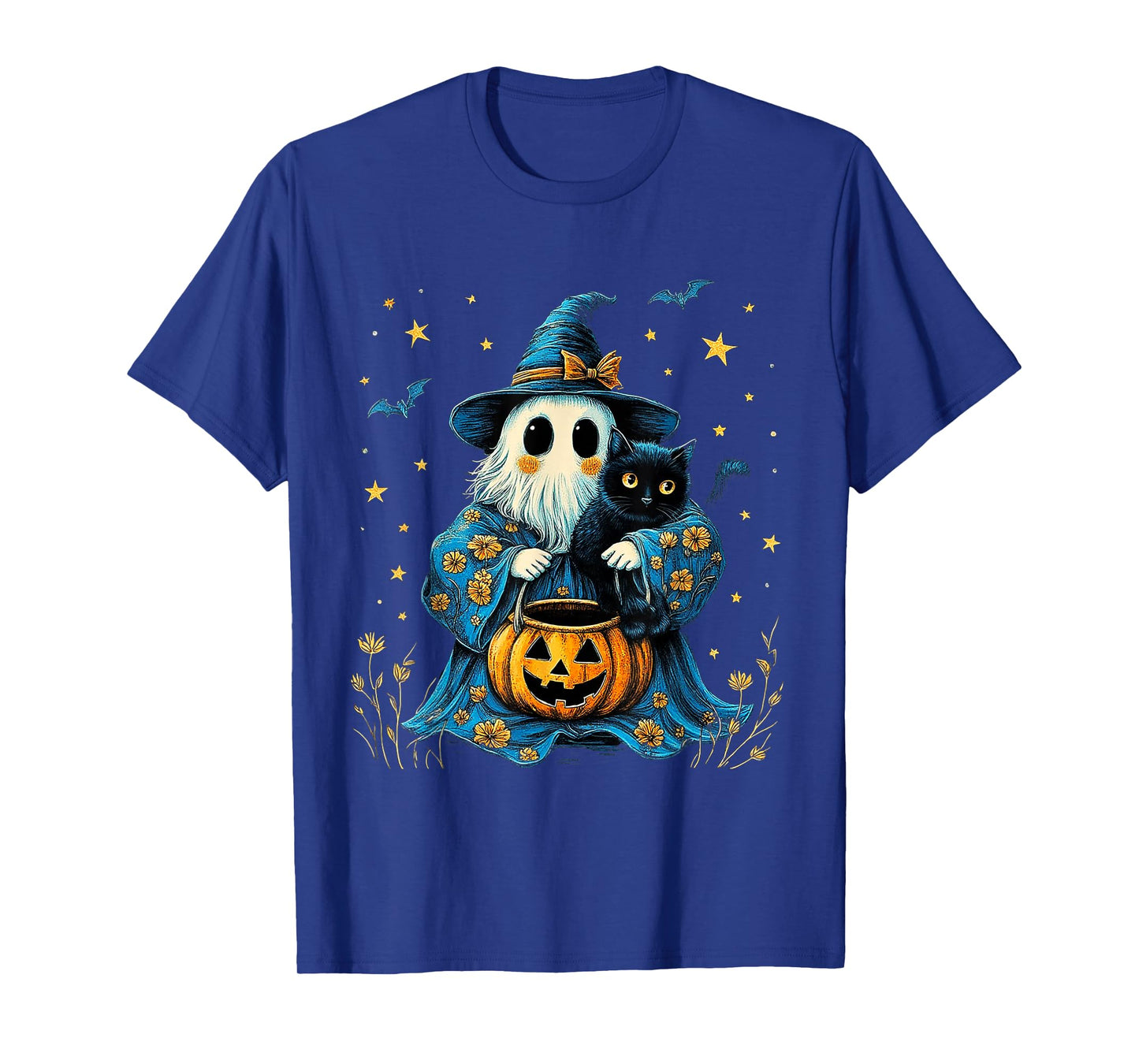 Ghost Holding Black Cat Lover Halloween 2025 Groovy Floral T-Shirt