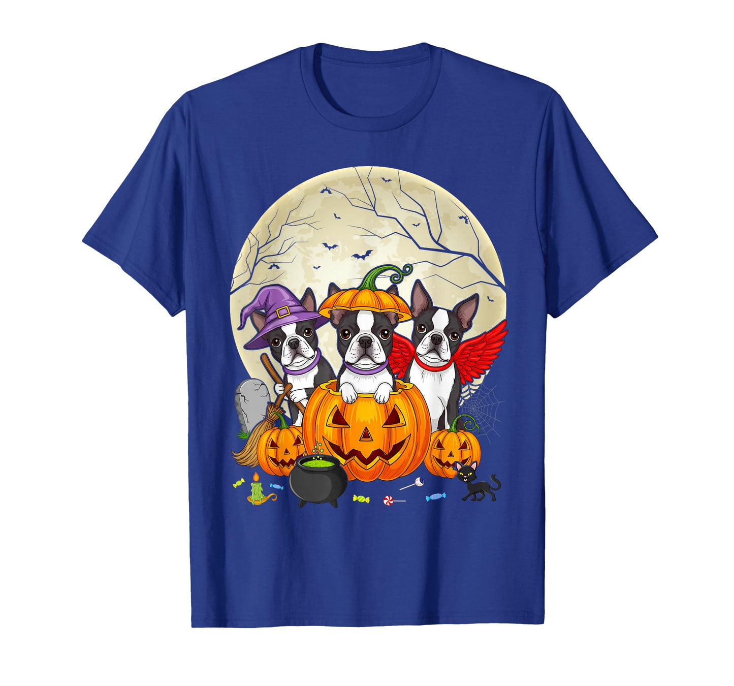 Funny Pumpkin Witch Boston Terrier Dog Halloween T-Shirt