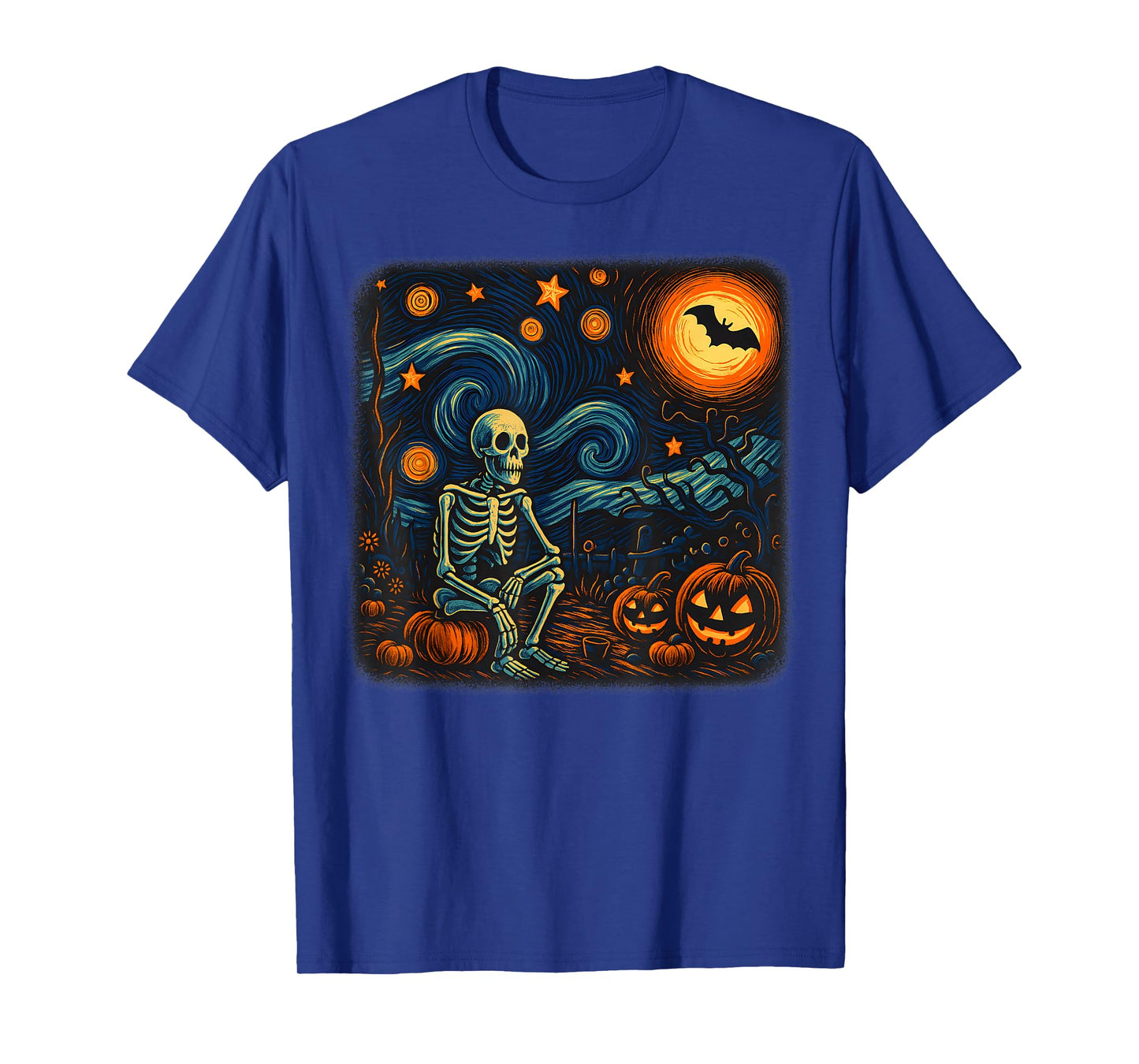 Halloween Skeleton Starry Night Van Gogh Pumpkin Men Women T-Shirt