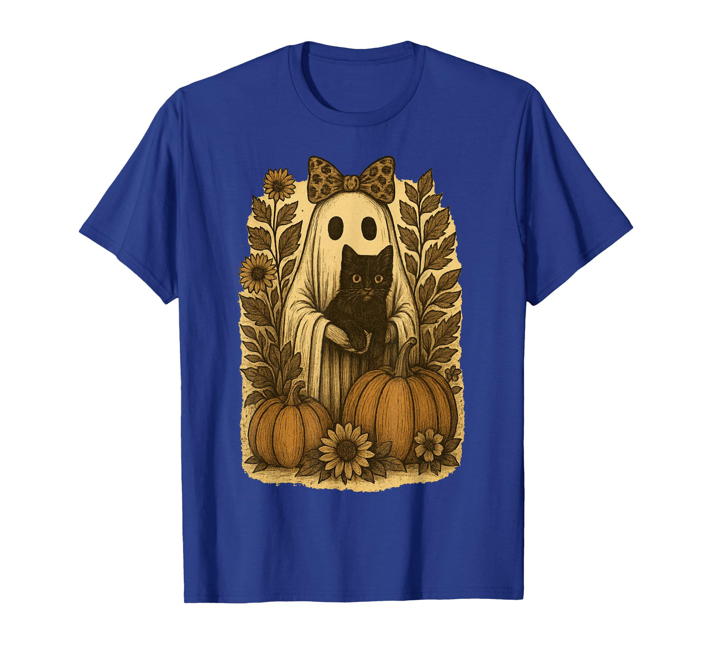 Vintage Halloween Ghost Holding Black Cat Groovy Floral T-Shirt