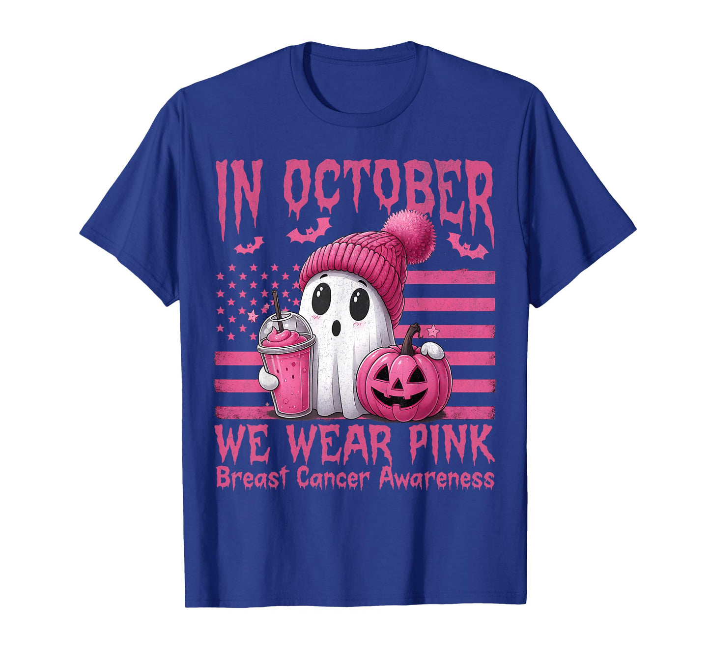 in October We Wear Pink Ghost Witch Breast Cancer Awareness T-Shirt