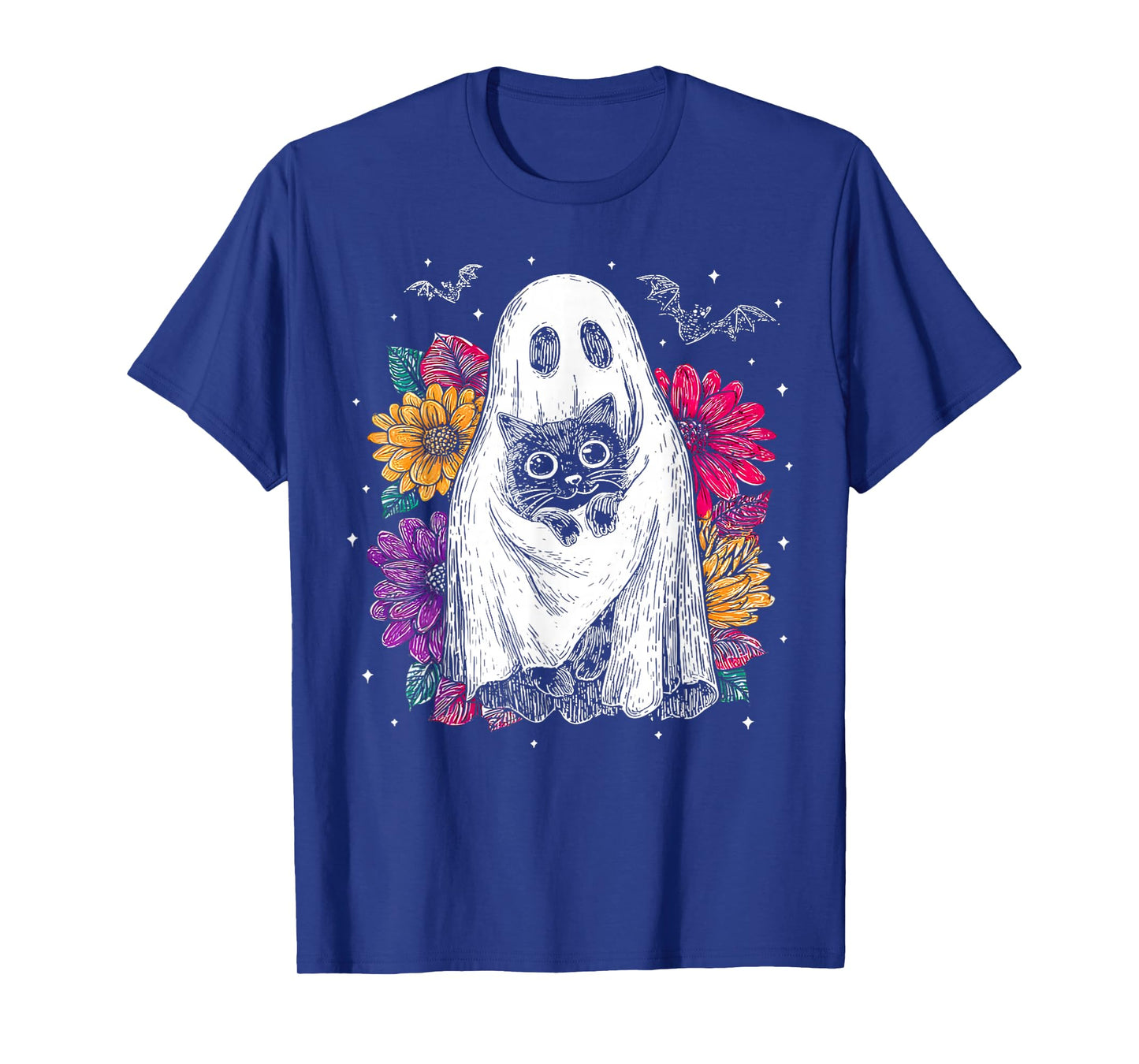 Spooky Ghost Holding Black Cat Groovy Floral Halloween Goth T-Shirt