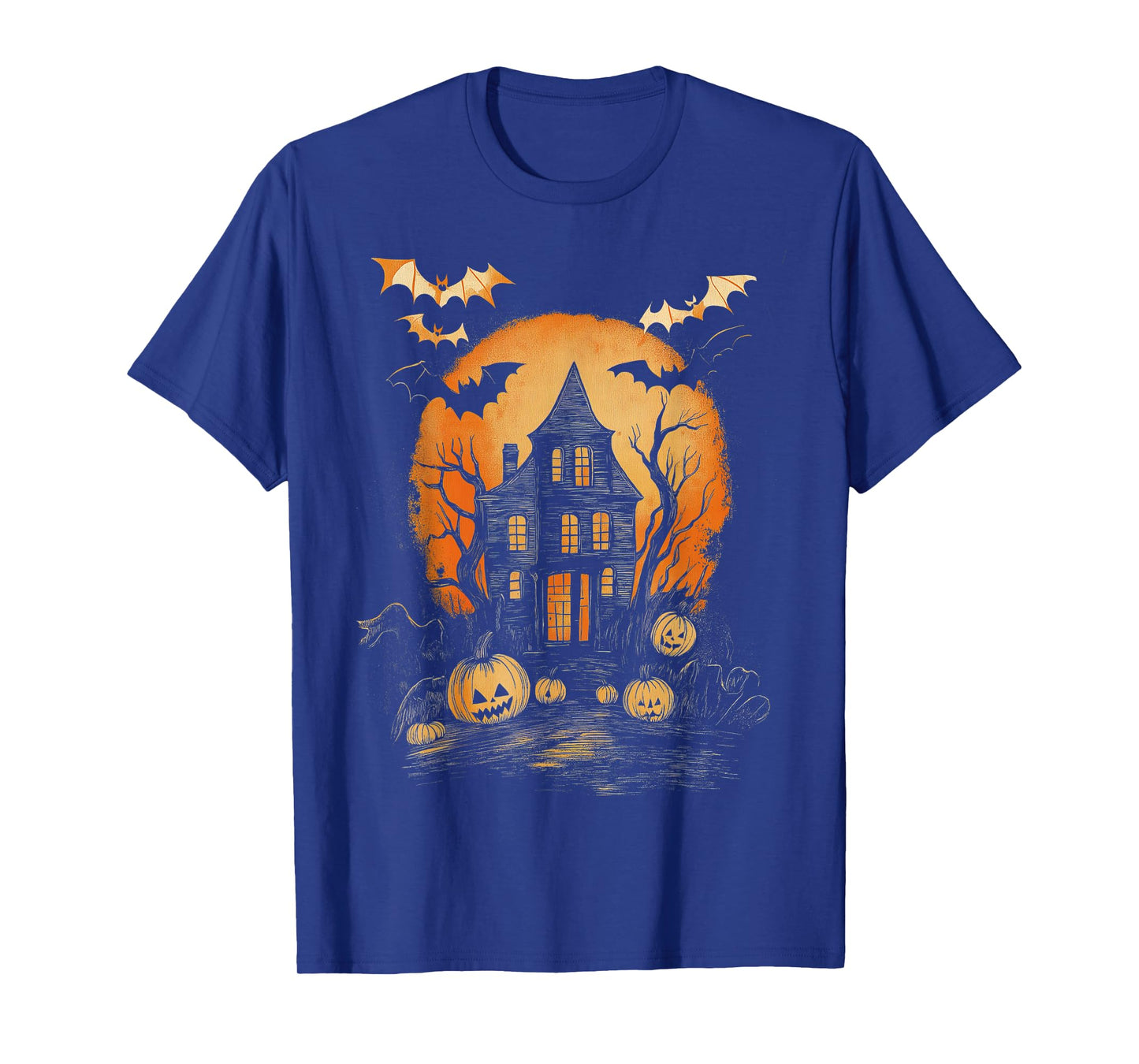 Vintage Spooky Halloween Hunted House Night Casual Graphic T-Shirt
