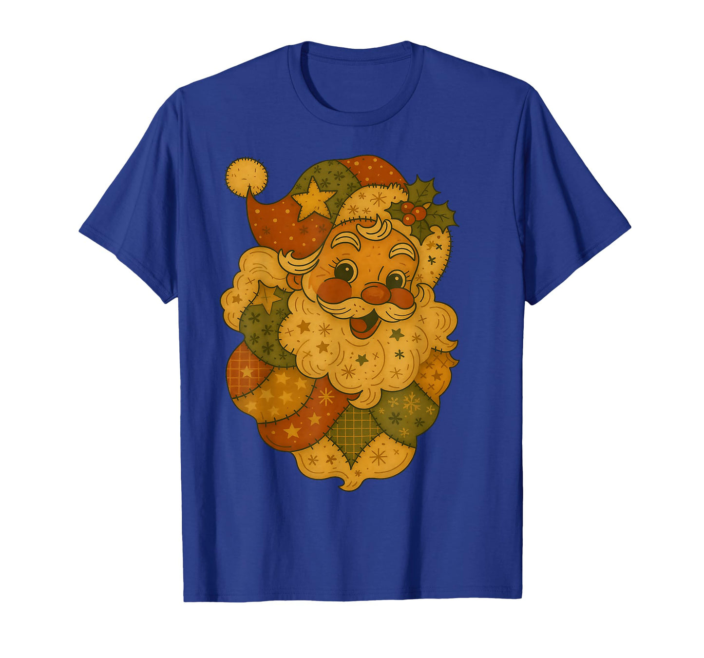 Patchwork Santa Claus Face Vintage Christmas Folk Art T-Shirt