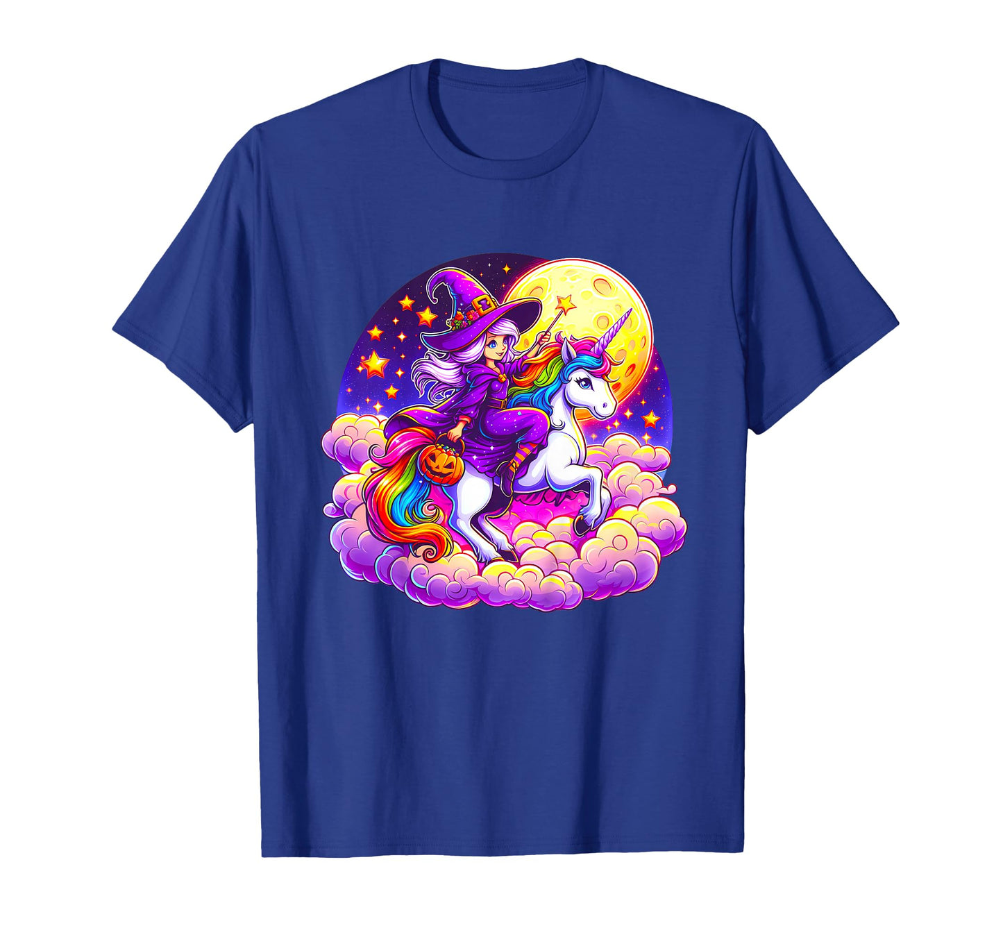 Kids Cute Witch Riding a Unicorn Magical Rainbow Girls Halloween T-Shirt