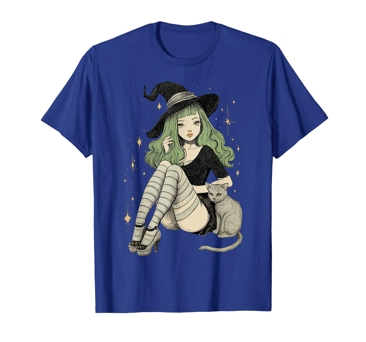 Sexy Witch Green Hair Black White Stripes Halloween Cat Mom T-Shirt