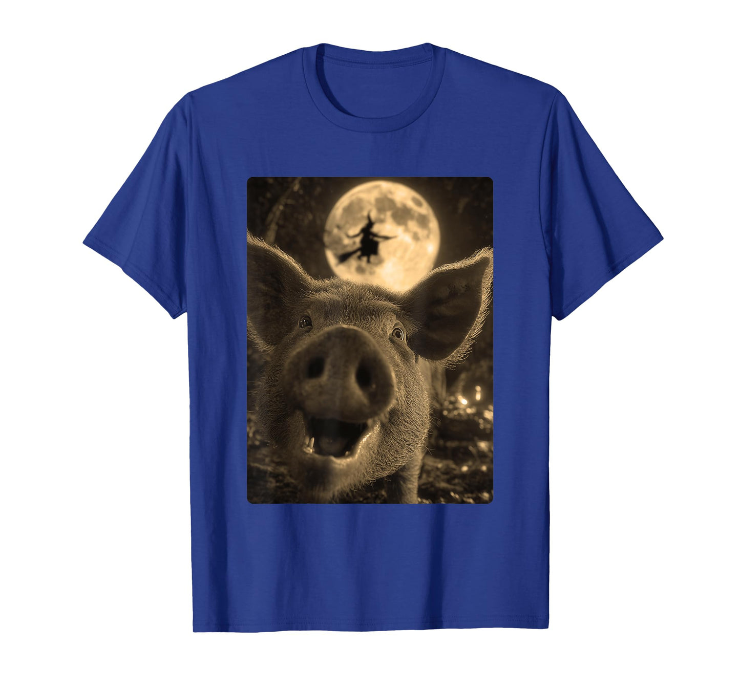 Funny Pig Selfie Full Moon Flying Witch Forest Halloween T-Shirt