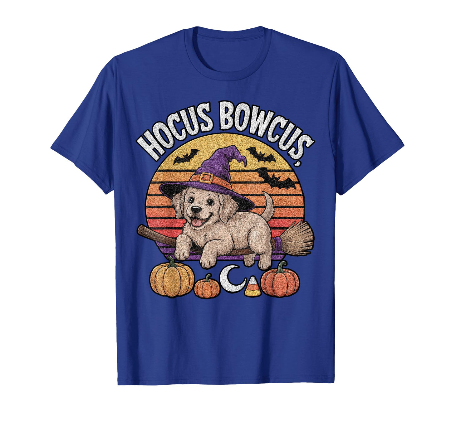 Hocus Bowcus Golden Retriever Puppy Witch Hat Bat Halloween T-Shirt