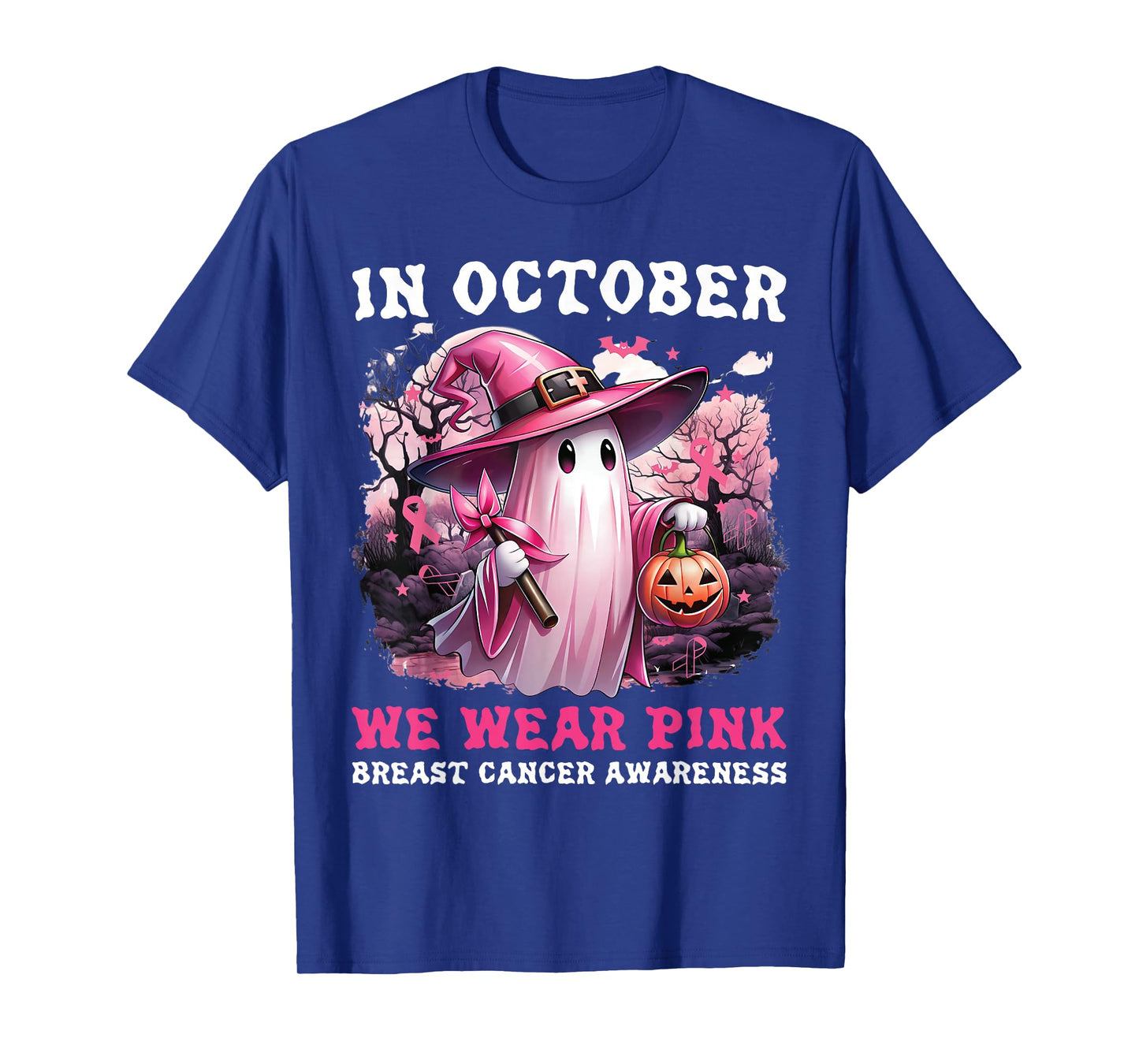 in October We Wear Pink Ghost Witch Breast Cancer Awareness T-Shirt