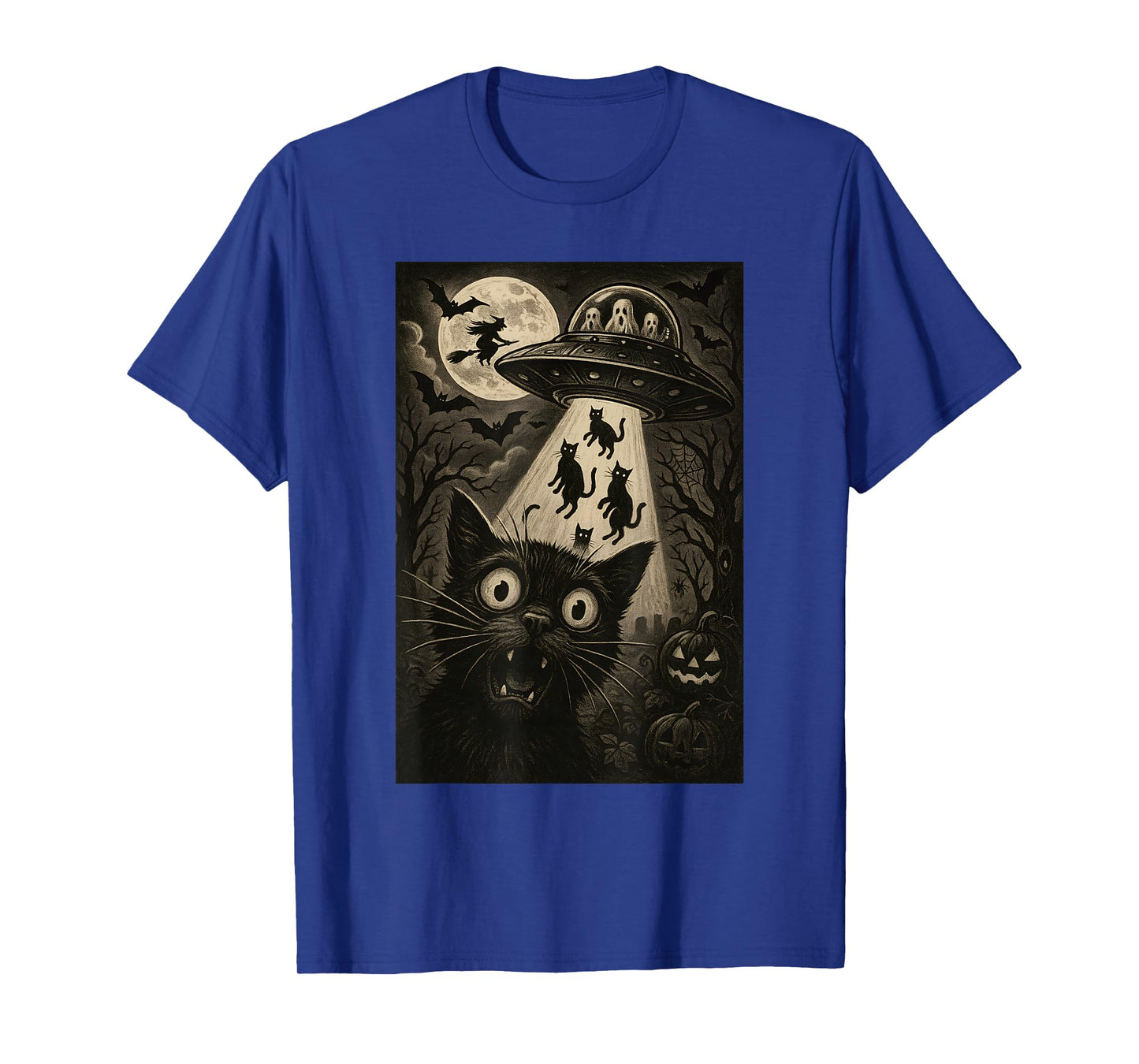Halloween Cat Selfie Spooky Night Alien Abduction Cats UFO T-Shirt