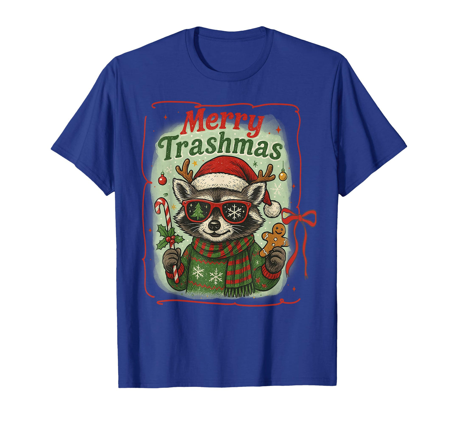 Vintage Raccoon Santa Hat Merry Trashmas Christmas Bow Xmas T-Shirt