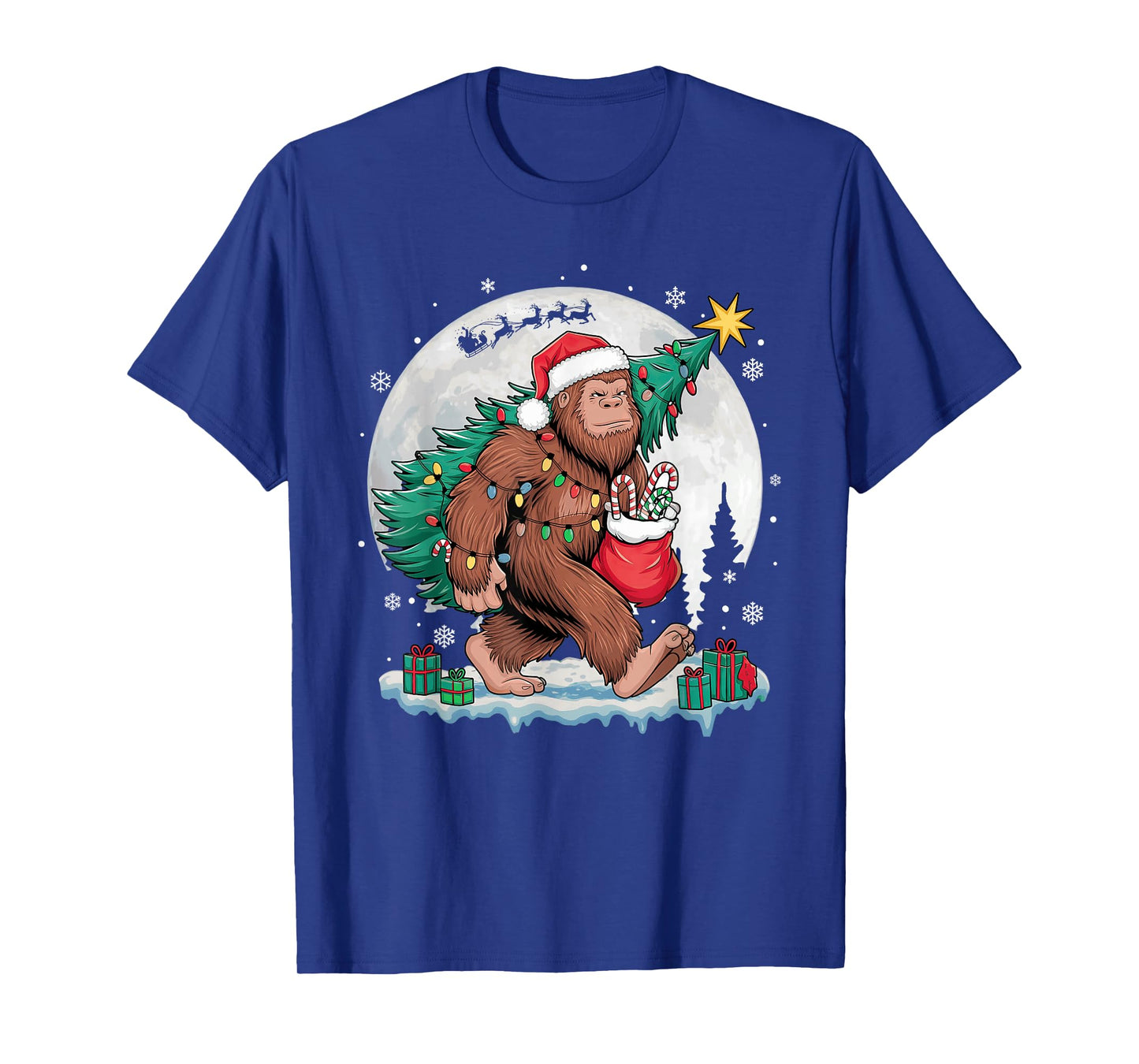 Christmas Bigfoot Santa Tree Sleigh Moon Funny Xmas Pajamas T-Shirt