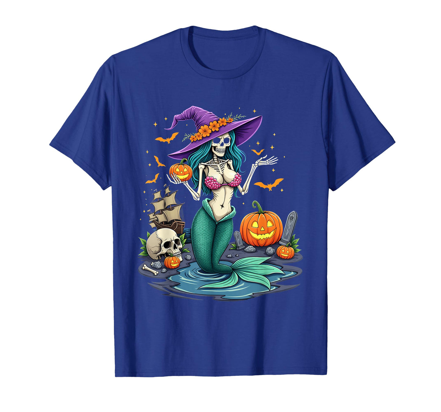 Skeleton Mermaid Witch Pumpkin Ship Halloween T-Shirt