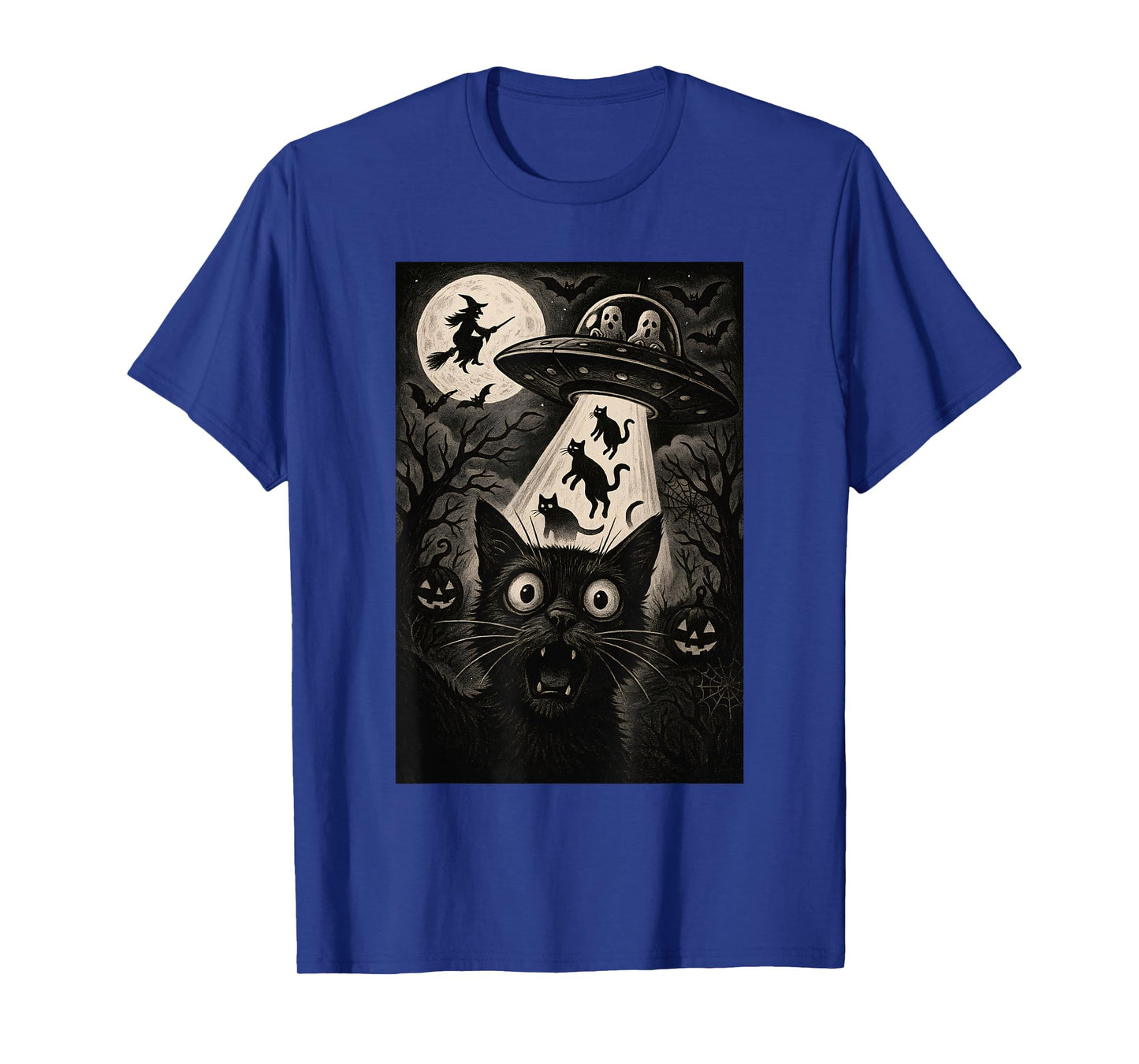 Halloween Cat Selfie Scary Alien Abduction Cats UFO Flying T-Shirt