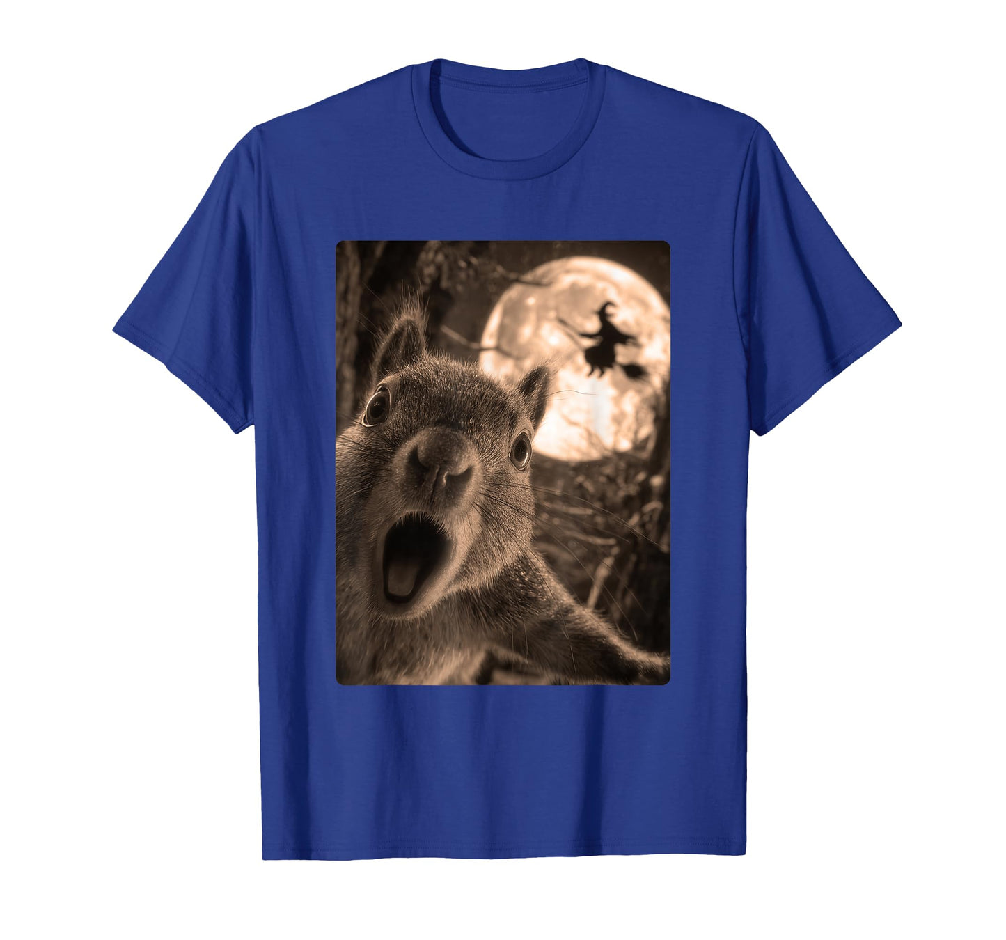 Funny Squirrel Selfie with Full Moon Flying Witch Halloween T-Shirt
