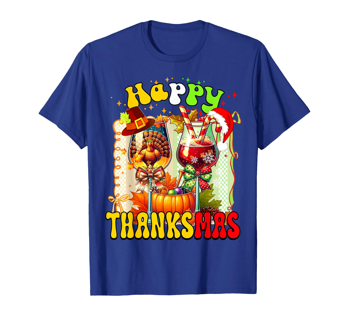 Happy Thanksmas Two Wine Glass Thanksgiving Christmas Pajama T-Shirt