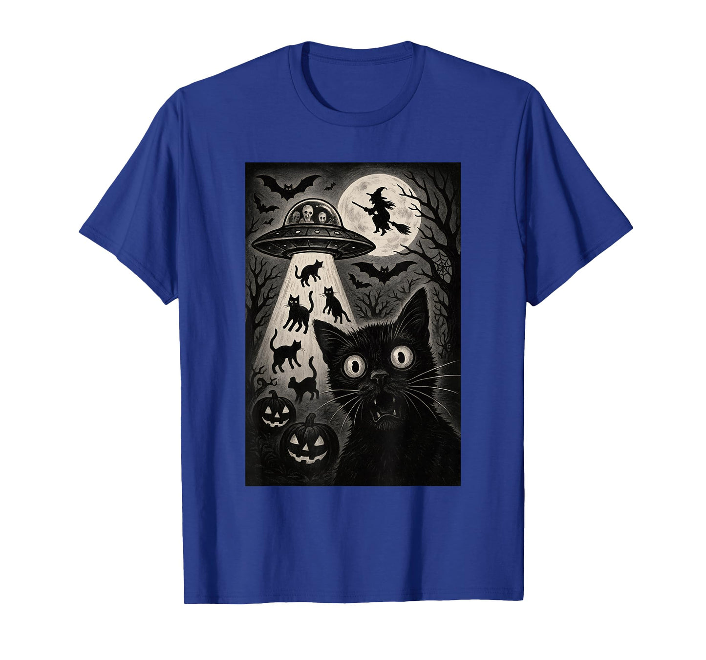 Halloween Cat Selfie Spooky Night Alien Abduction Cats UFO T-Shirt
