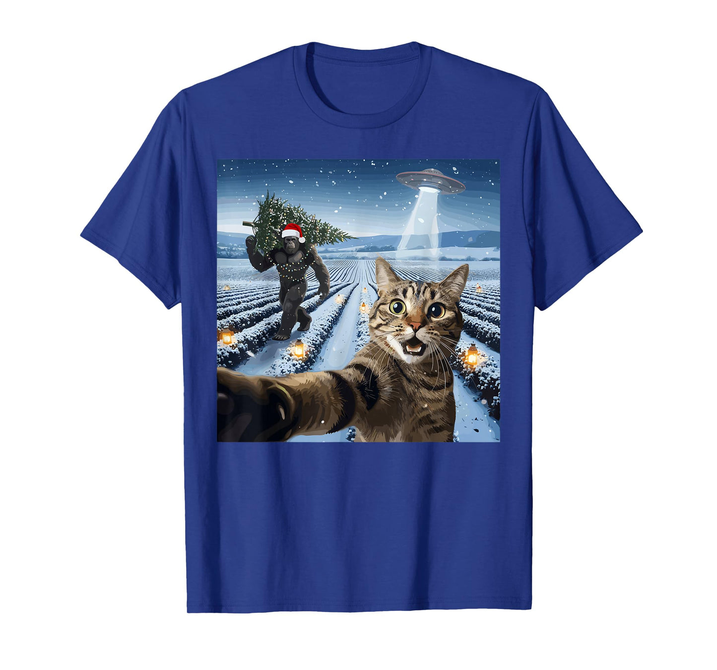 Christmas Cat Selfie Bigfoot UFO Winter Lights T-Shirt