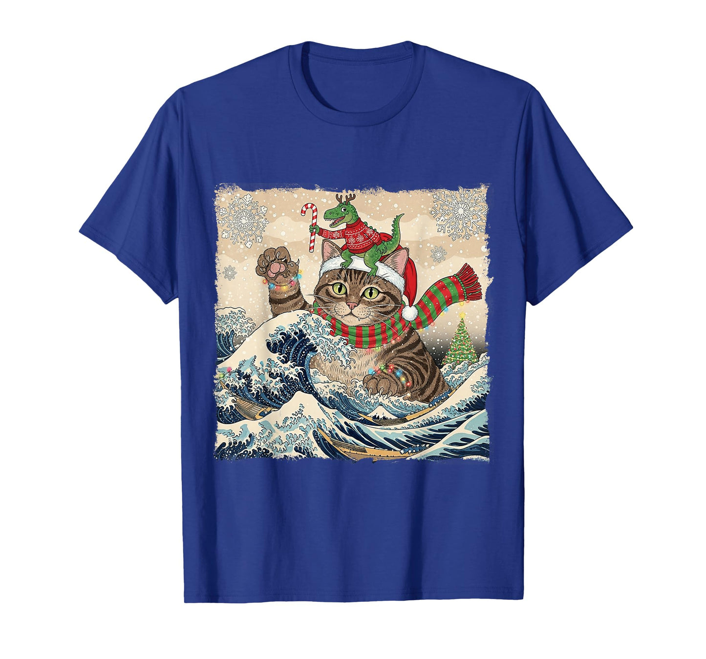 Catzilla Christmas with Cute Dino Cat Funny Holiday Wave T-Shirt