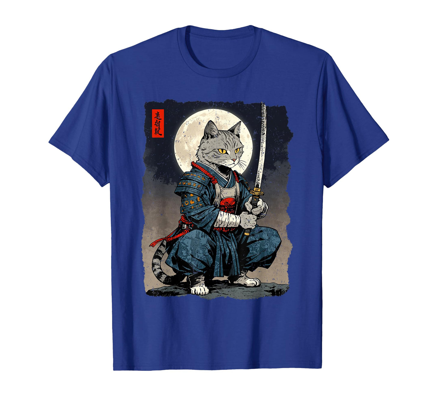 Samurai Cat Japanese Retro Fighter Cat Moon Ukiyo-e Warrior T-Shirt