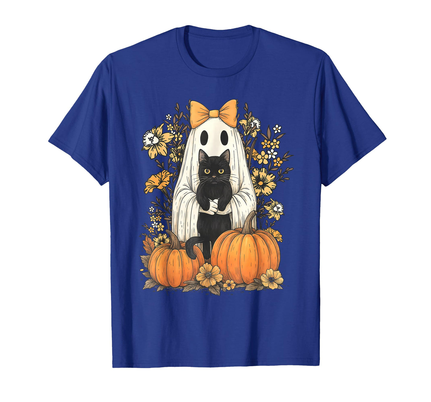 Vintage Halloween Ghost Holding Black Cat Retro Floral T-Shirt