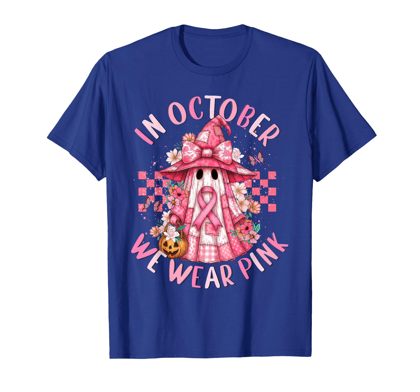 in October We Wear Pink Ghost Witch Breast Cancer Awareness T-Shirt