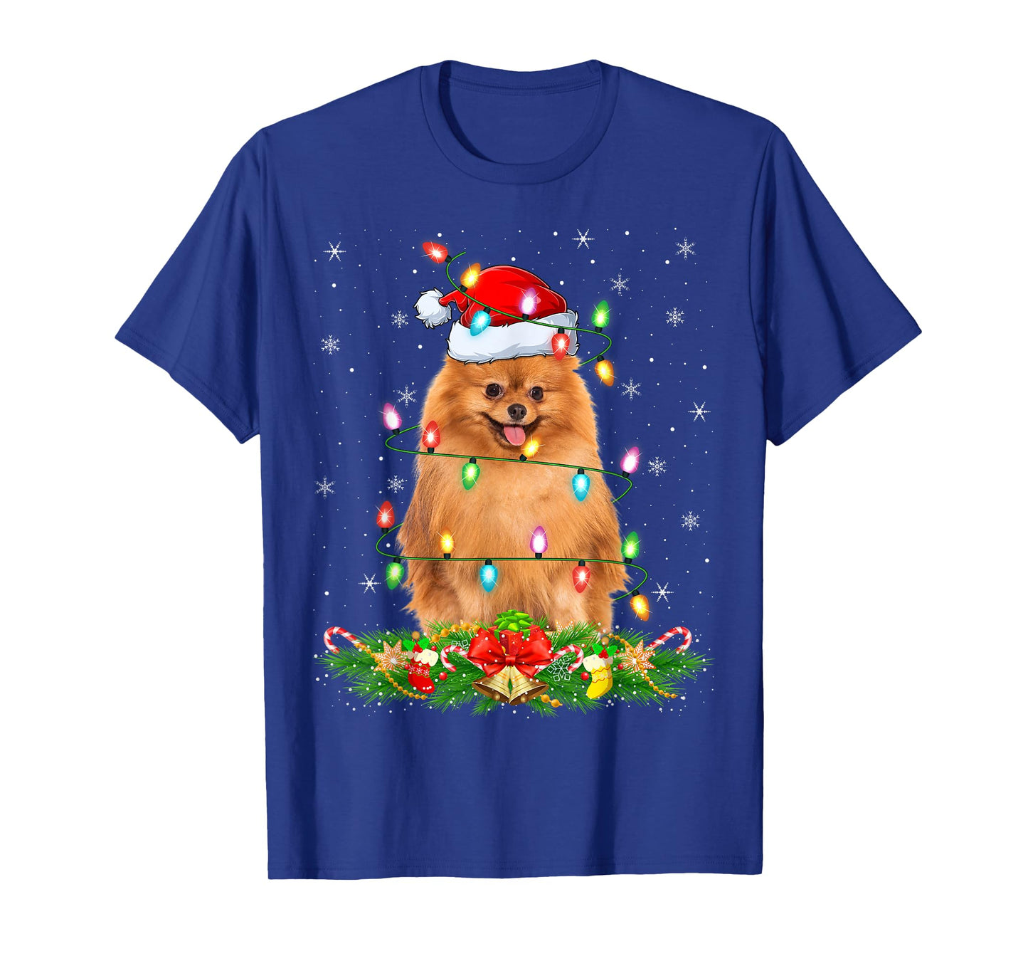 Pomeranian Dog Christmas Lights Funny Santa Hat Xmas T-Shirt