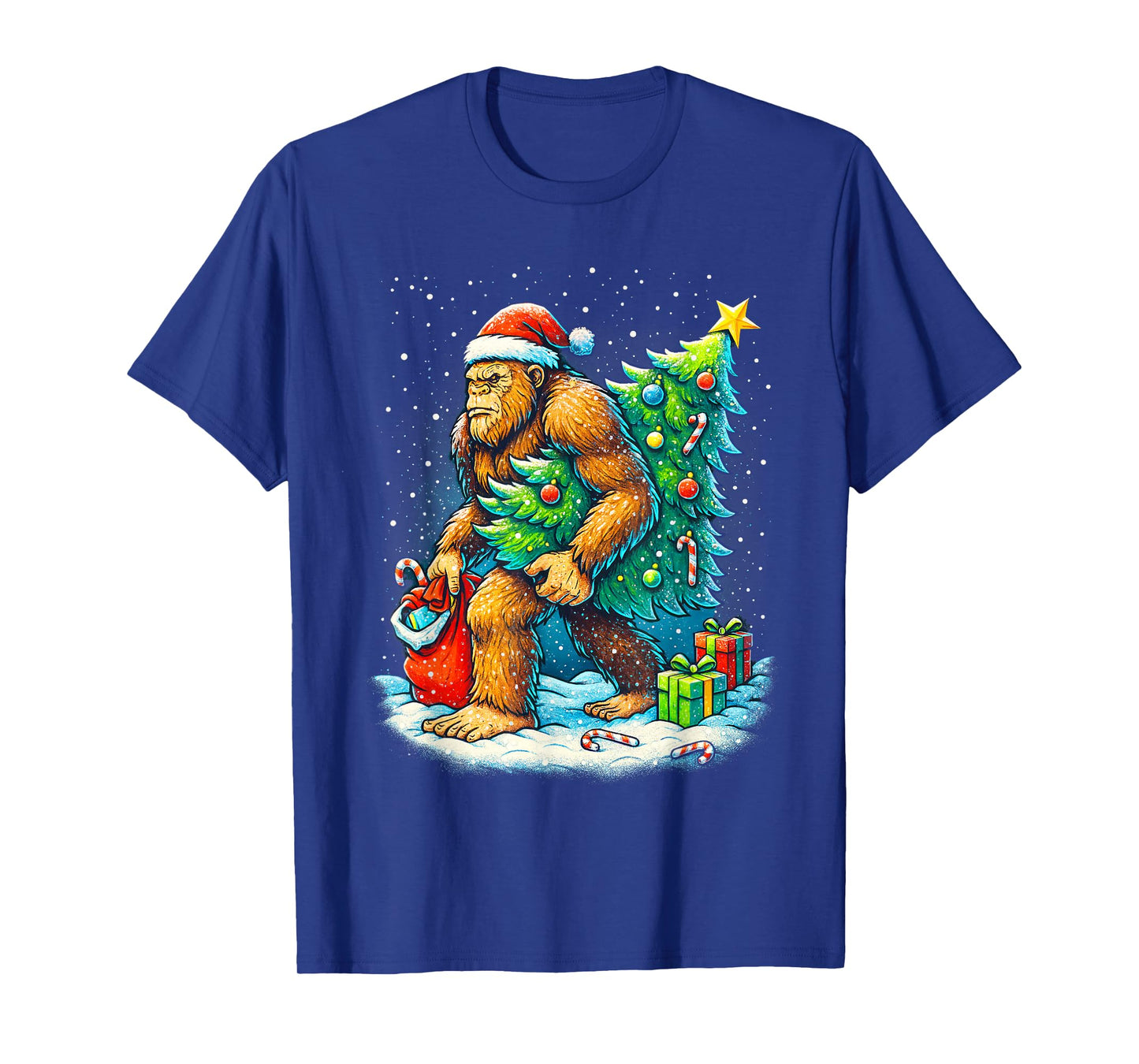 Santa Bigfoot Christmas Tree Sasquatch Xmas Lights and Snow T-Shirt
