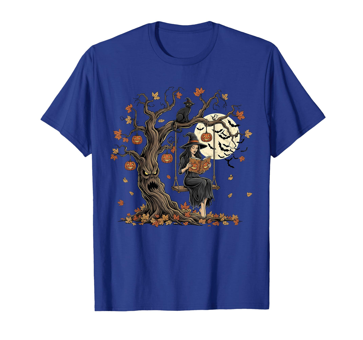 Vintage Witch Reading Book Pumpkin Swing Autumn Thanksgiving T-Shirt