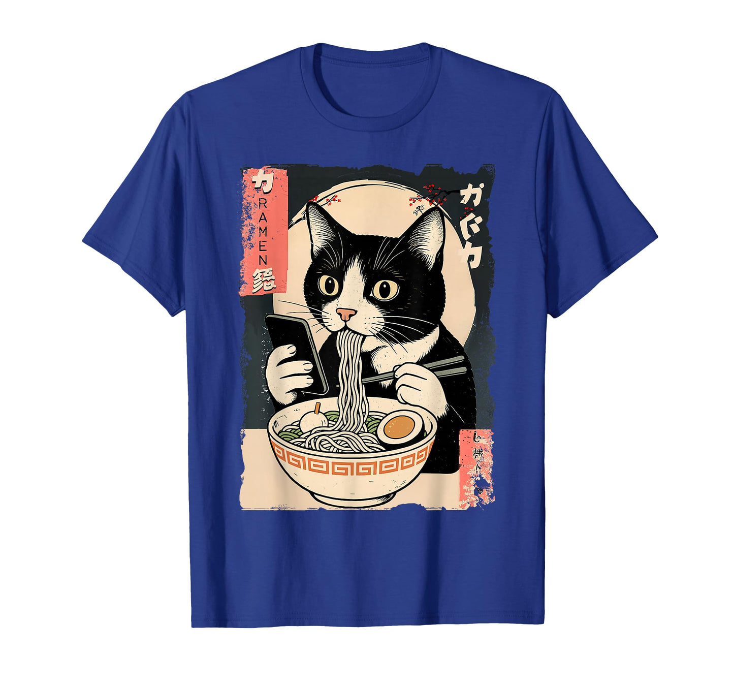 Funny Cat Eating Ramen and Scroll Phone Anime Japanese T-Shirt