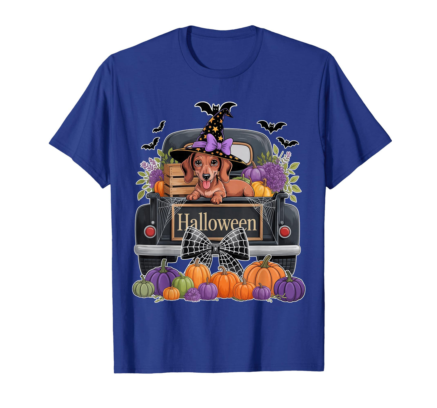 Funny Dachshund Witch Hat Truck Pumpkin Dog Lovers Halloween T-Shirt