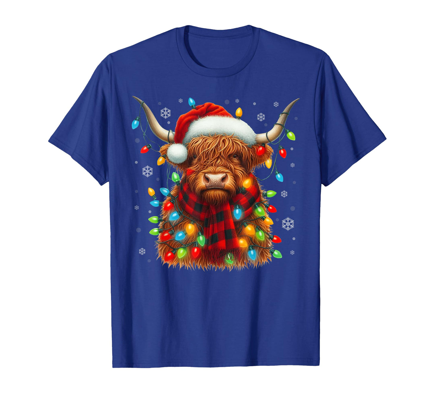 Mooey Christmas Highland Cow Santa Hat Lights Farm Pajamas T-Shirt