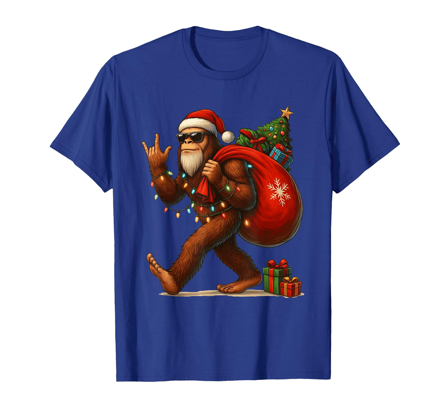 Santa Bigfoot Christmas Tree Lights Funny Sasquatch Believe T-Shirt