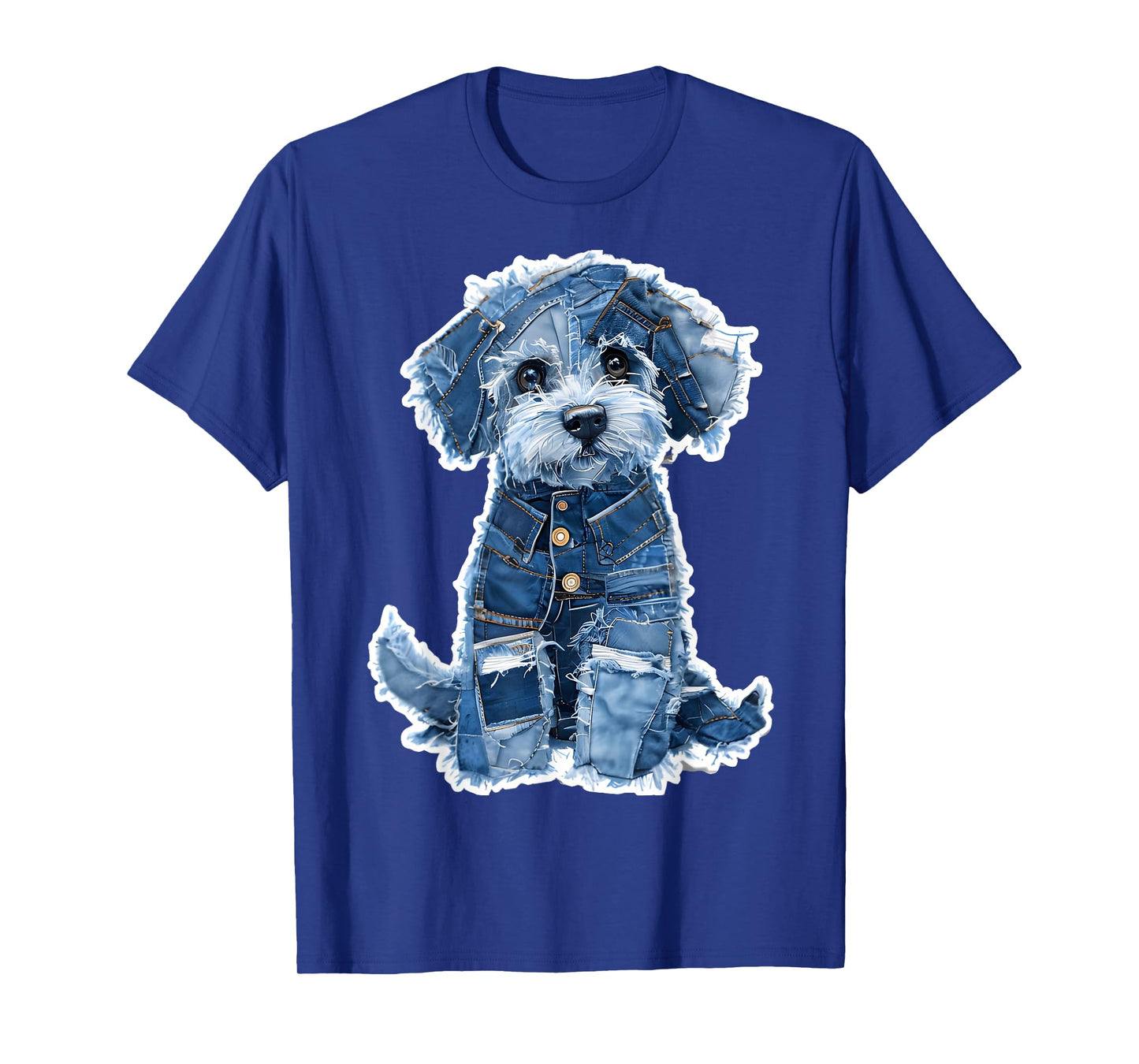 Retro Dog Pattern Denim Patchwork Graphic Art T-Shirt