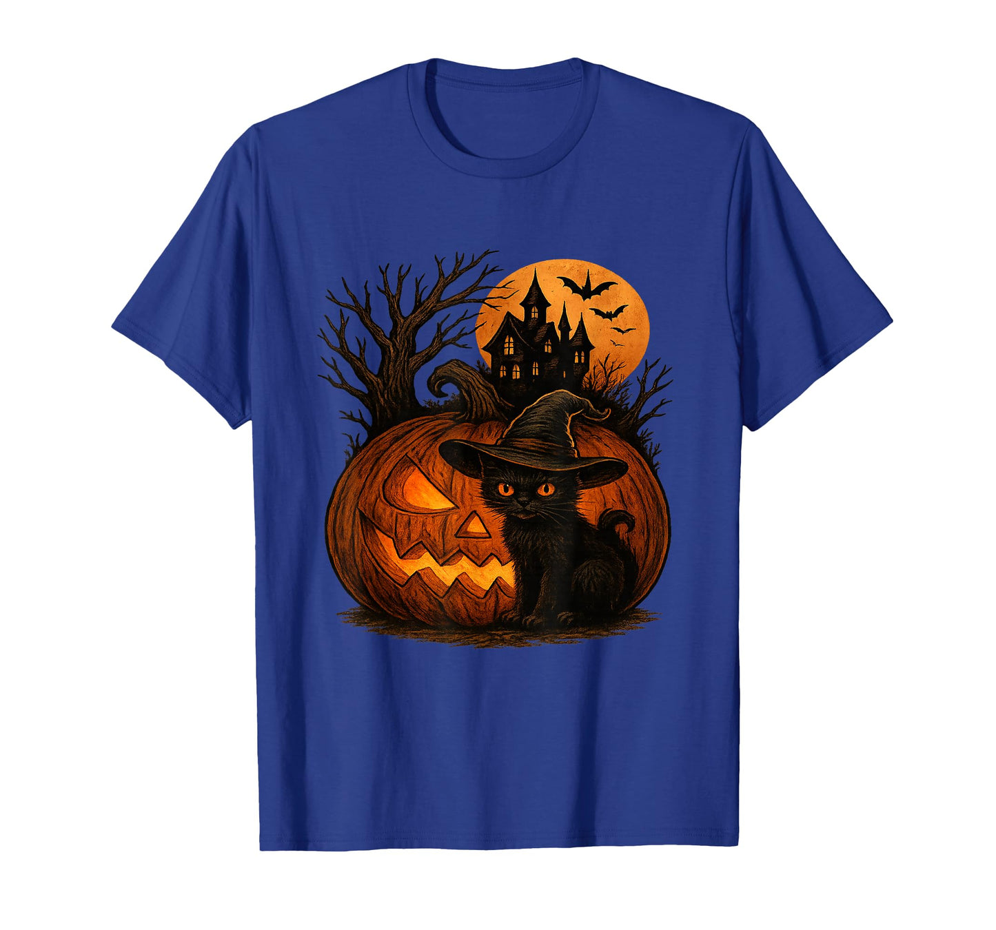 Black Cat with Pumpkin and Haunted House Halloween Motif T-Shirt