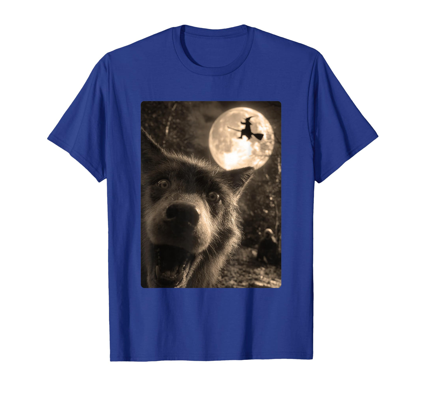 Funny Wolf Selfie Full Moon Flying Witch Forest Halloween T-Shirt
