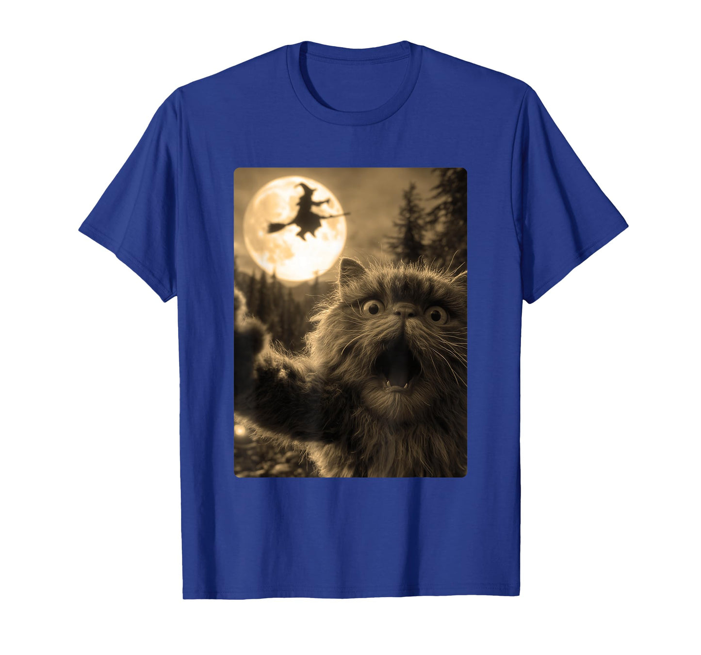 Funny Persian Cat Selfie Full Moon Flying Witch Halloween T-Shirt