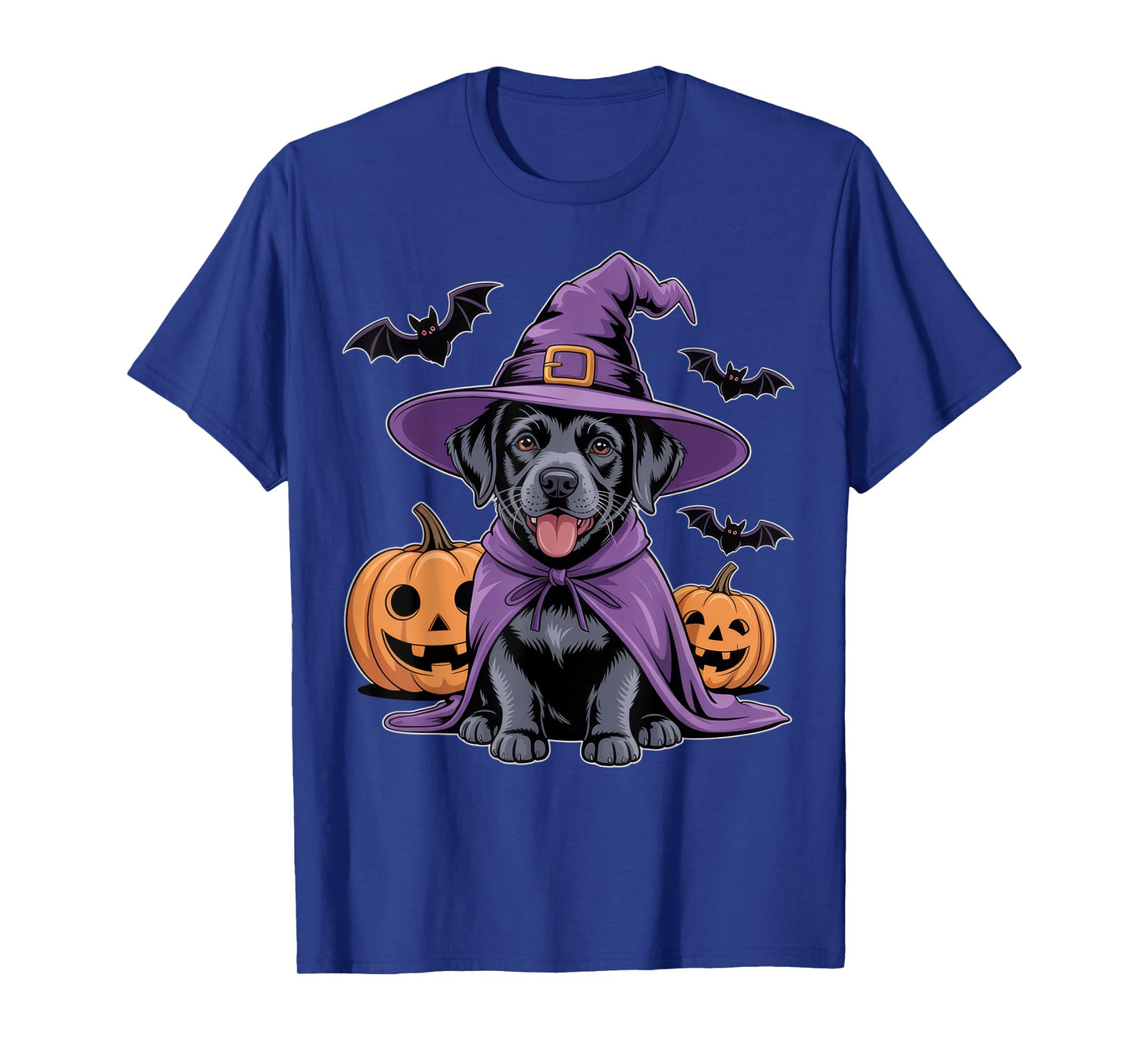 Cute Black Dog Witch Halloween Pumpkins and Bats T-Shirt