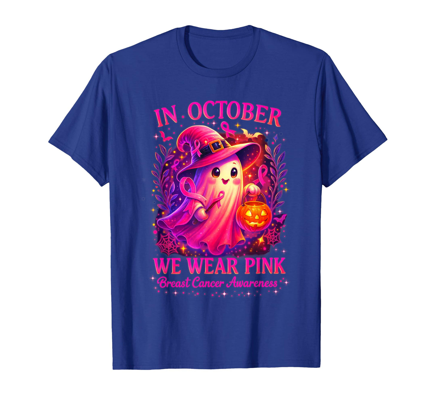 in October We Wear Pink Ghost Witch Breast Cancer Awareness T-Shirt