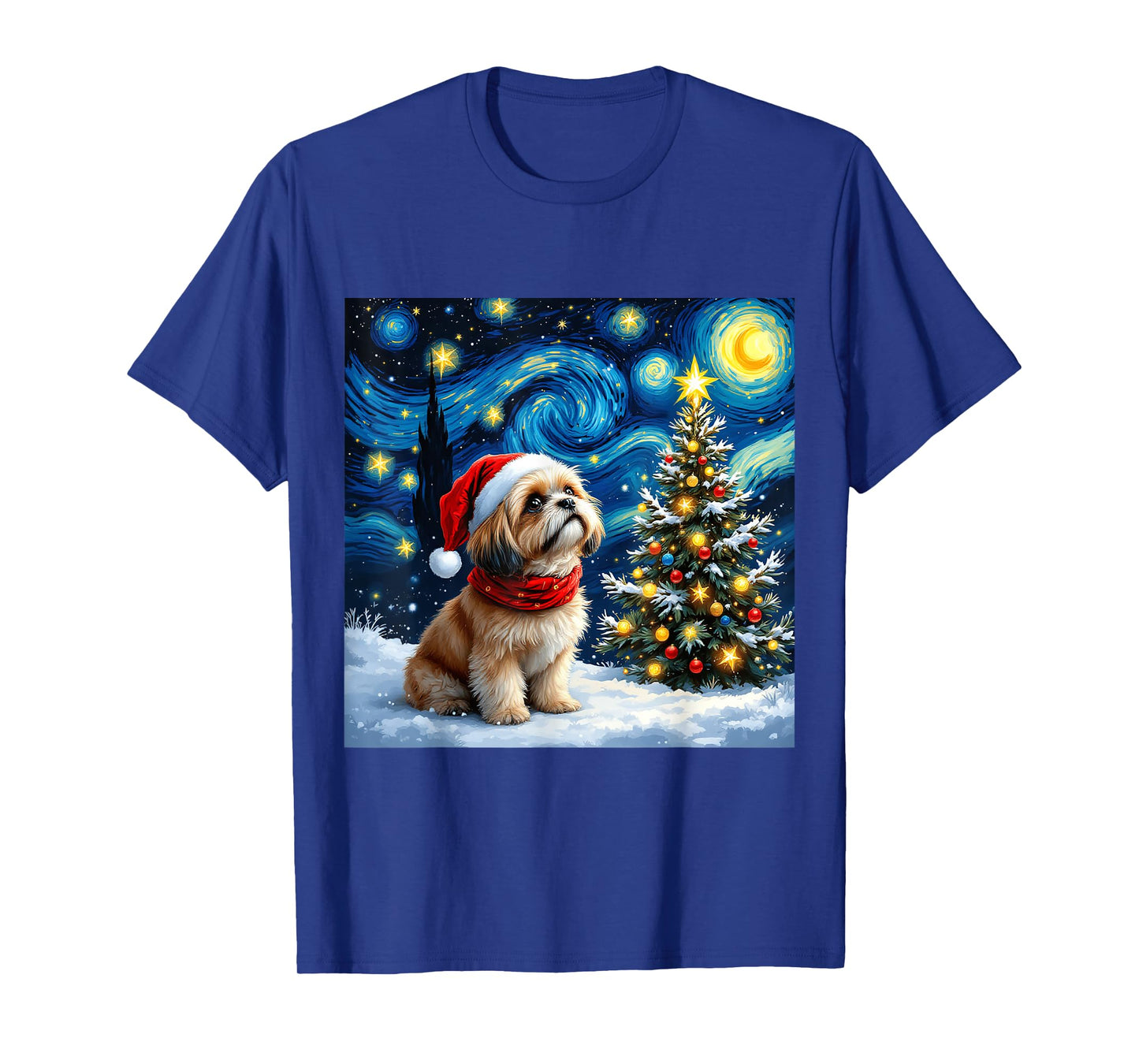 Shih Tzu Starry Night Christmas Van Gogh Dog Santa Hat T-Shirt