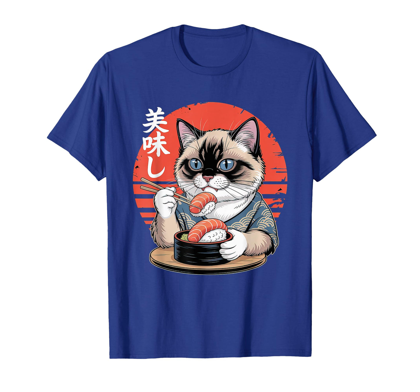 Japanese Siamese Cat Eating Sushi Kawaii Anime Cat T-Shirt