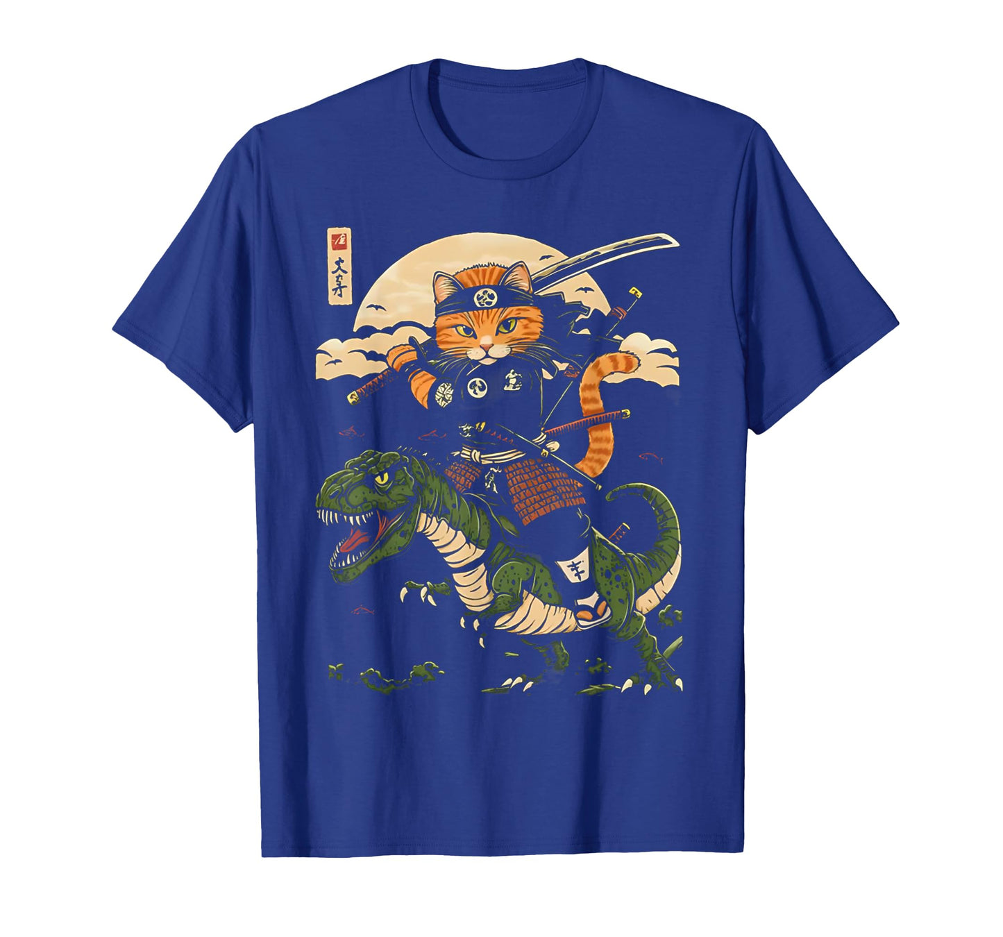 Samurai Cat Riding Dinosaur Vintage Warrior Japanese Art Tee T-Shirt for Men Women